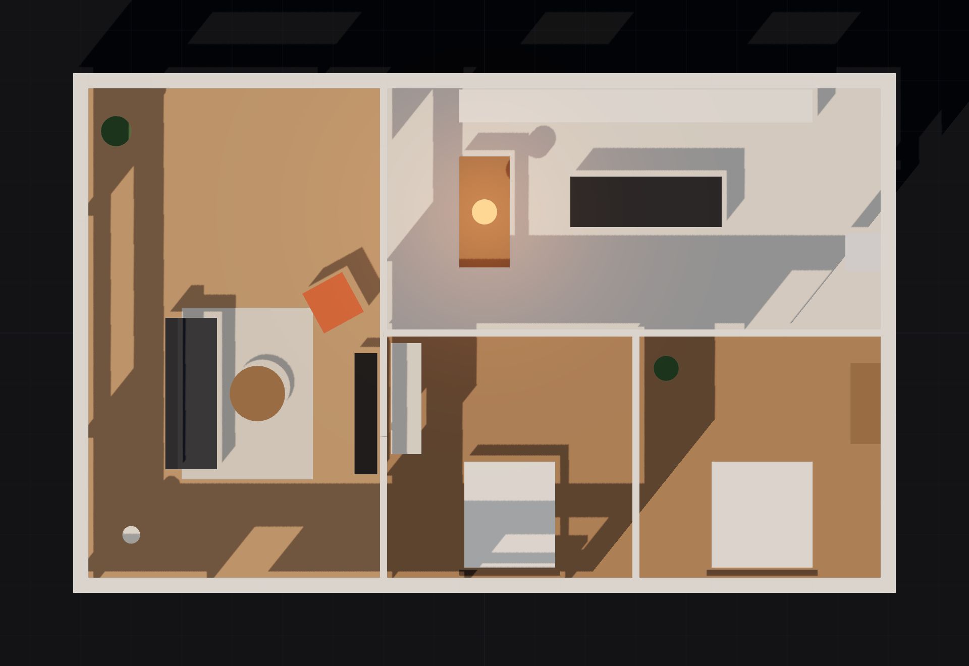 Top-down photoreal render of the furnished plan